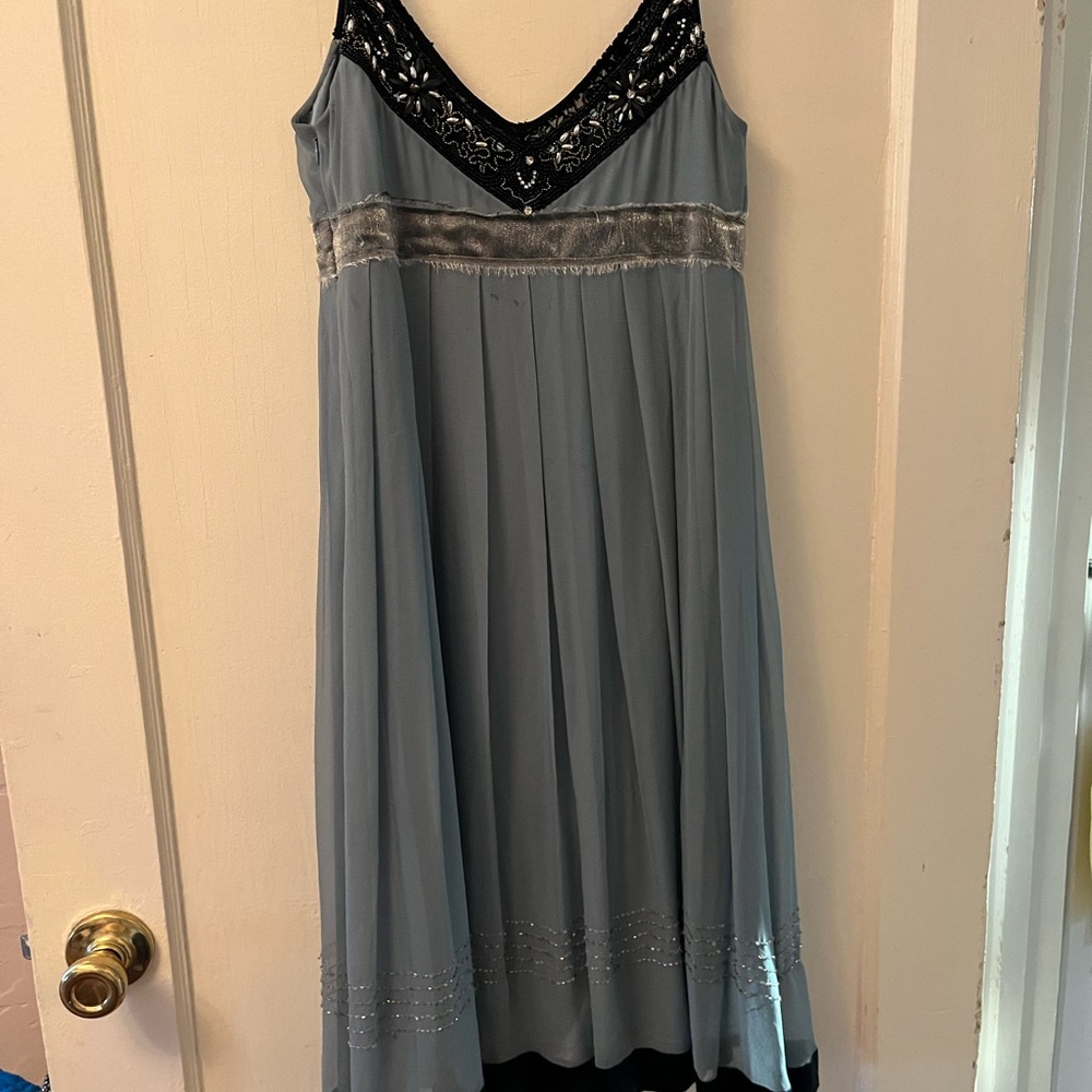 Sue Wong Blue and Black Spaghetti Strap Midi Dress